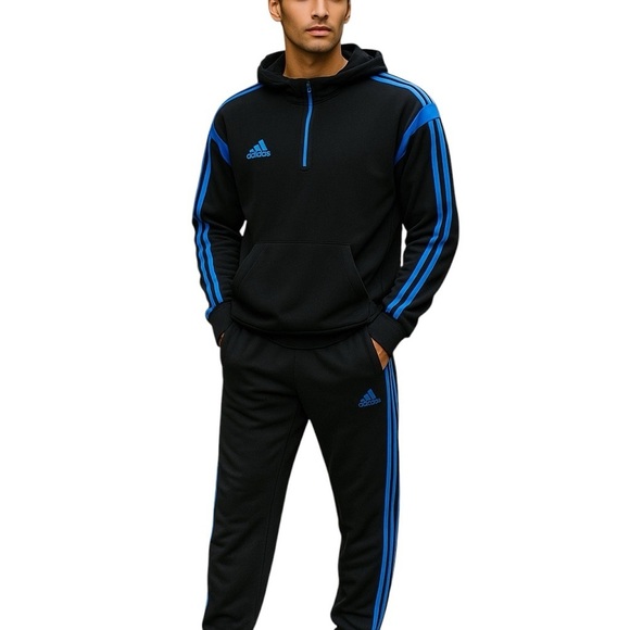 Vintage ADIDAS Hoodie Track Set (2pc) Black Royal Blue Three Stripe Size Large - Picture 1 of 11